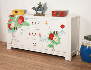 Hand Painted Flower White Lacquer Sideboard
