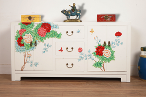 Hand Painted Flower White Lacquer Sideboard