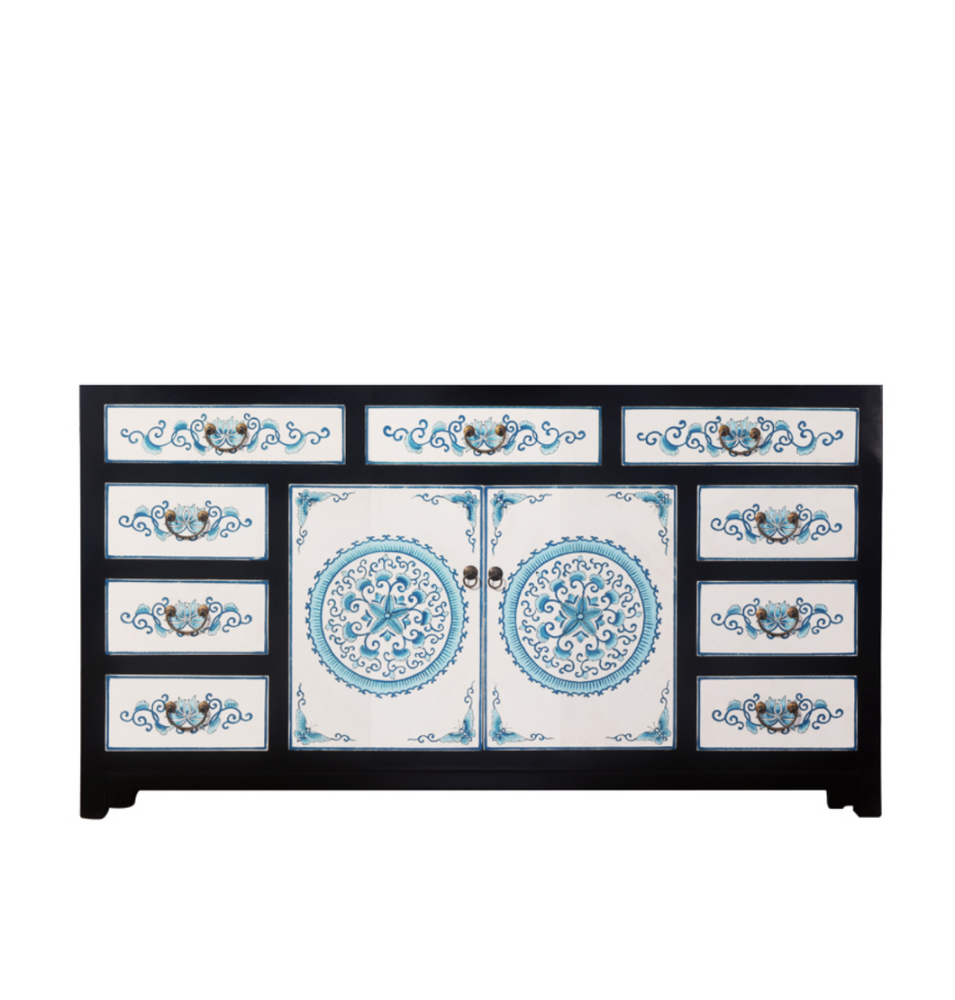 Hand Painted Black Frame White Lacquer Sideboard