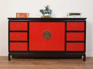 Hand Painted Black Frame Red Lacquer Sideboard