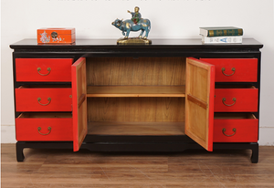 Hand Painted Black Frame Red Lacquer Sideboard