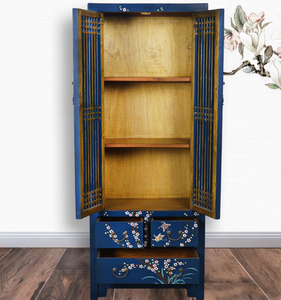 Hand Painted Hollow-Carved Design Peacock Blue Lacquer Cabinet