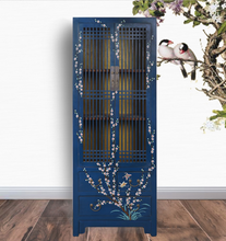 Load image into Gallery viewer, Hand Painted Hollow-Carved Design Peacock Blue Lacquer Cabinet
