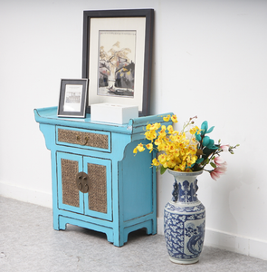 Hand Painted Peacock Blue Lacquer Small Cabinet