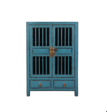 Load image into Gallery viewer, Hand Painted Hollow-Carved Design Blue Lacquer Small Cabinet
