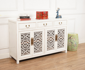 Hand Painted Hollow-Carved Design Red/White/Grey Lacquer Sideboard